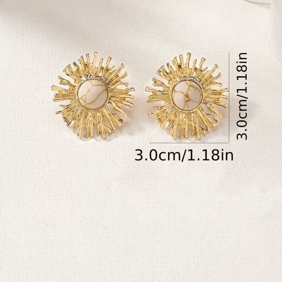 Golden Sun Flower Sun Shaped White Buffalo Turquoise Stud Earrings - Picture 4 of 5